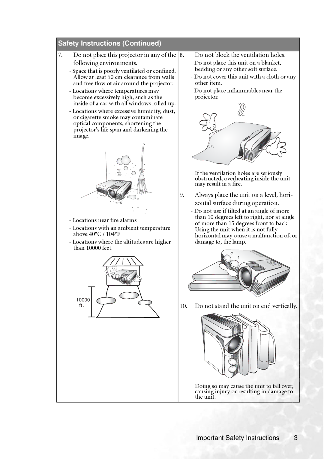 BenQ PB2240 Bedding or any other soft surface, May result in a fire, Zontal surface during operation, Above 40C / 104F 