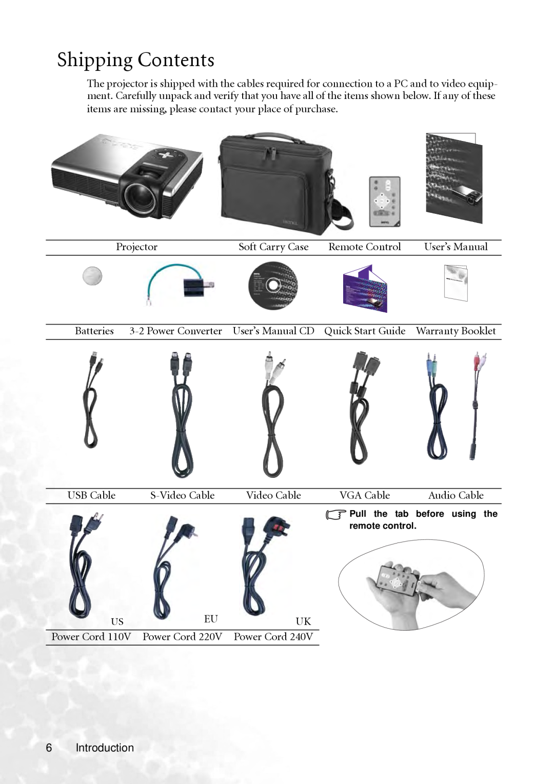 BenQ PB2240 user manual Shipping Contents, User’s Manual CD, Warranty Booklet, Power Cord 