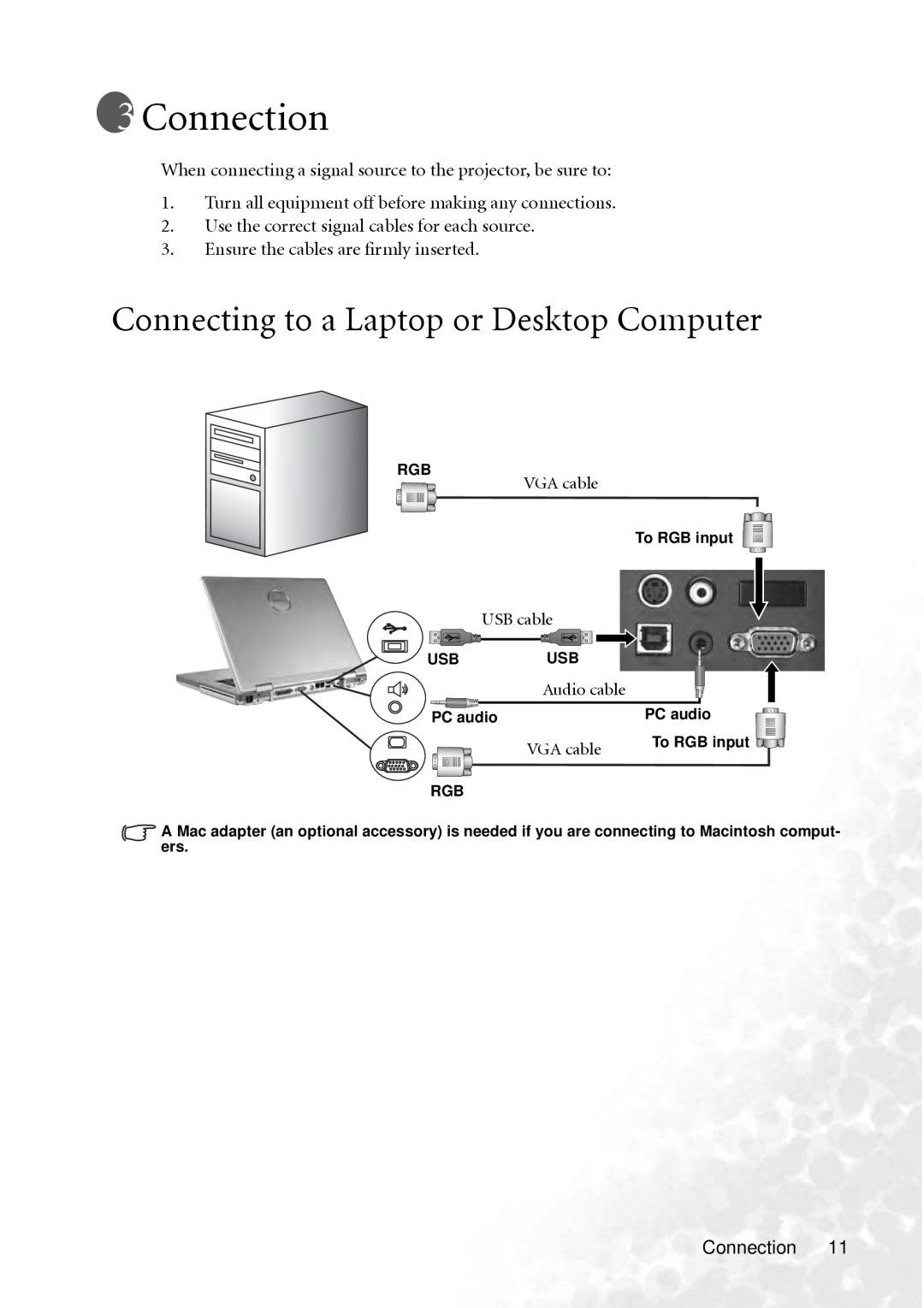 BenQ PB2240 user manual Connection, Connecting to a Laptop or Desktop Computer 