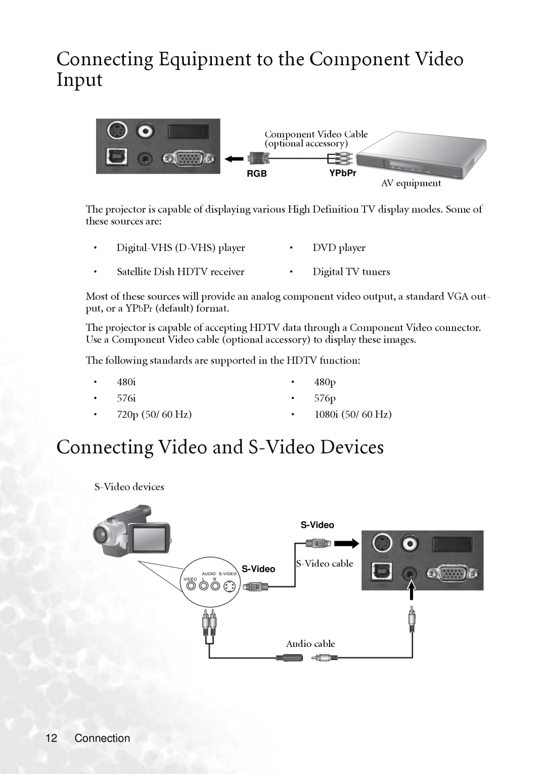 BenQ PB2240 Connecting Equipment to the Component Video Input, Connecting Video and S-Video Devices, 1080i 50/ 60 Hz 