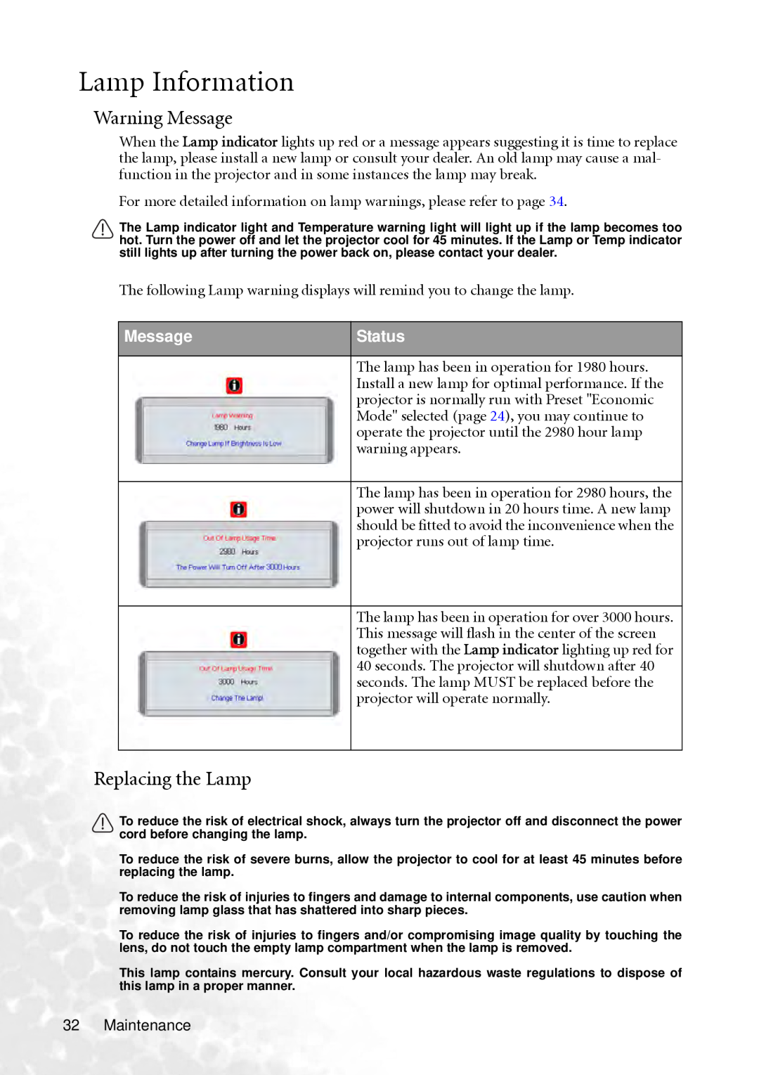 BenQ PB2240 user manual Lamp Information, Warning Message, Replacing the Lamp, Status 