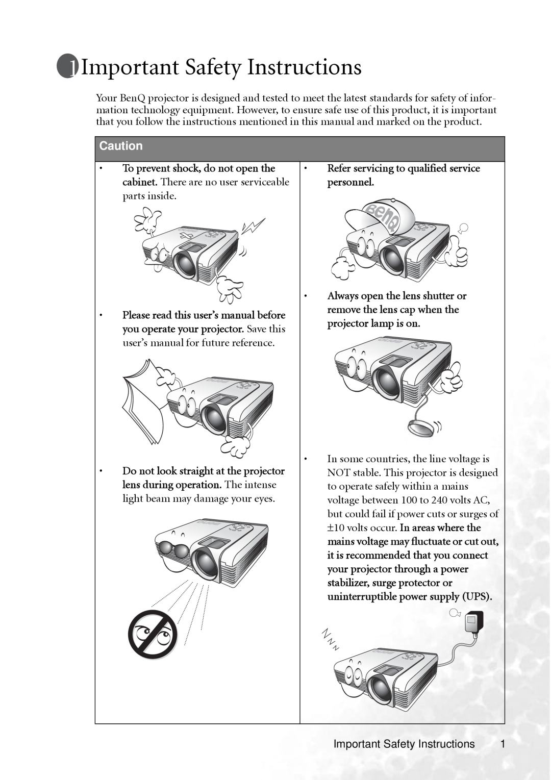 BenQ PB2240 user manual Important Safety Instructions, Refer servicing to qualified service personnel 
