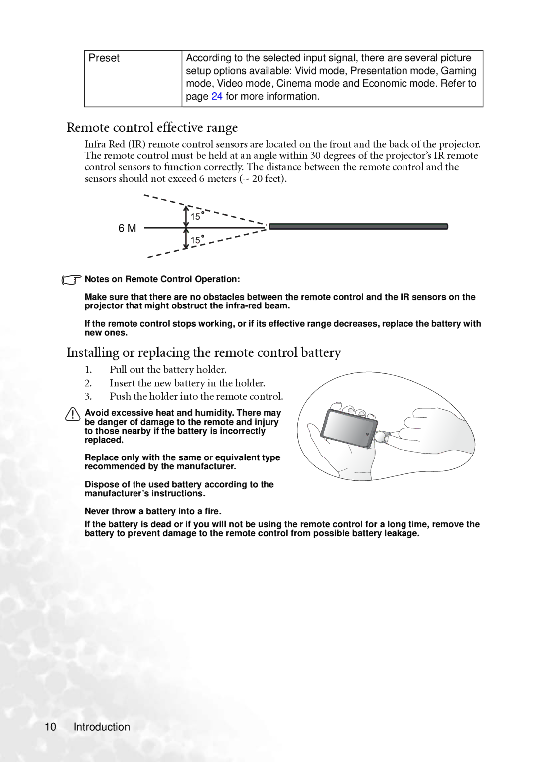 BenQ PB2250 user manual Remote control effective range, Installing or replacing the remote control battery 