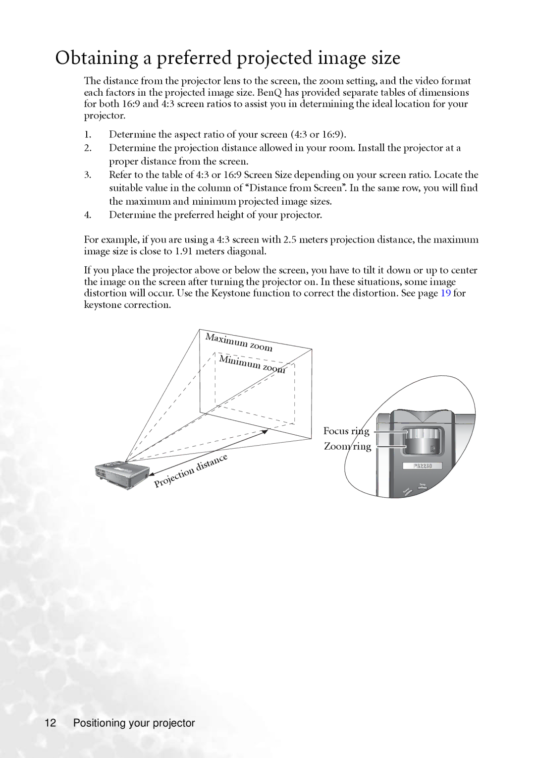 BenQ PB2250 user manual Obtaining a preferred projected image size, Focus ring Zoom ring 