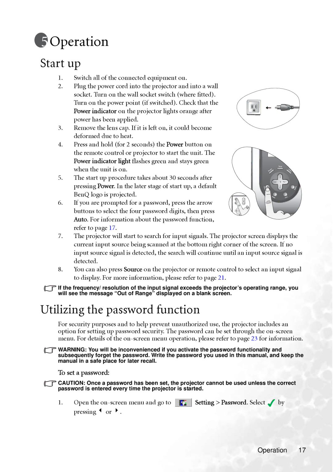 BenQ PB2250 user manual Operation, Start up, Utilizing the password function, Switch all of the connected equipment on 