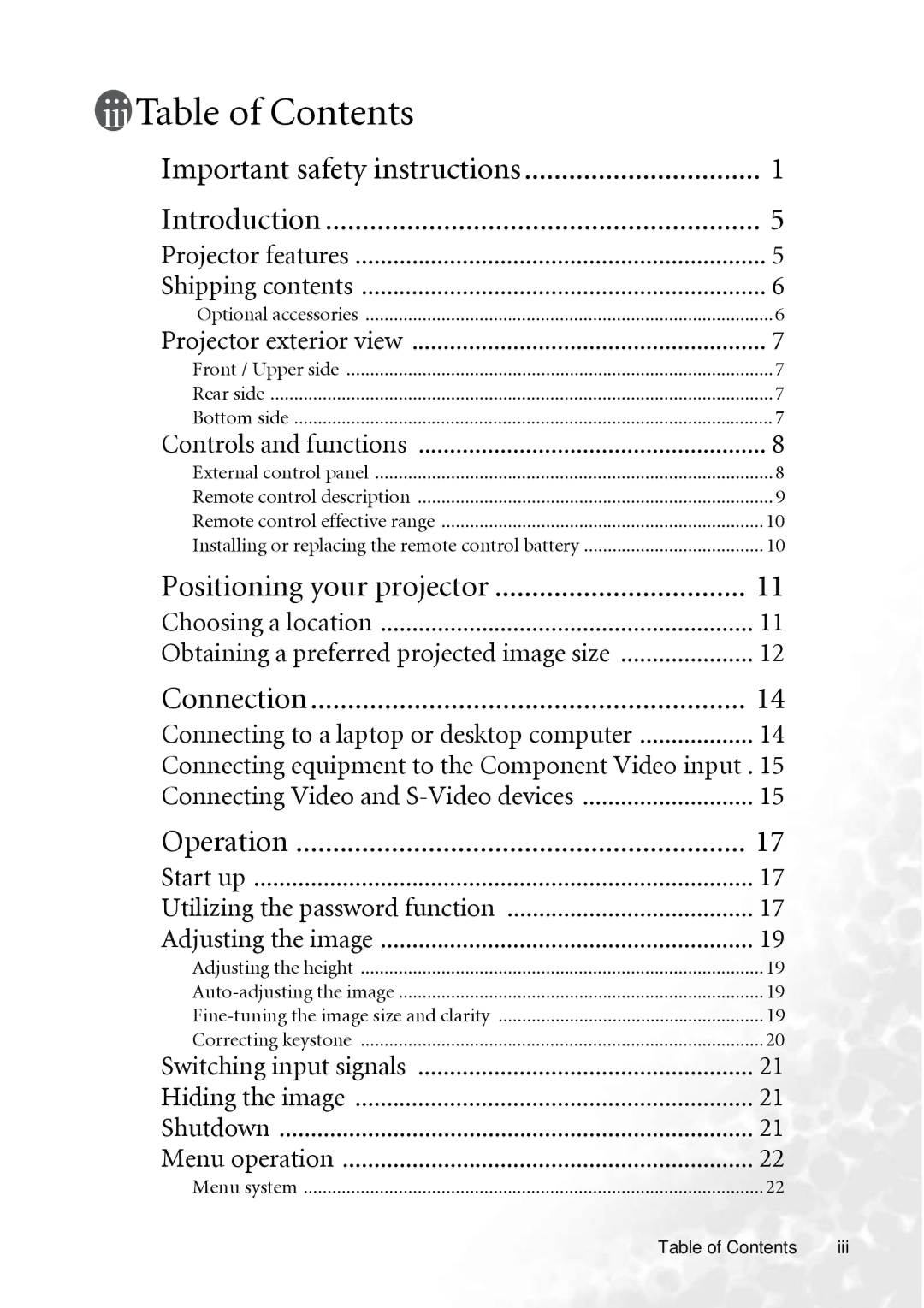 BenQ PB2250 user manual Table of Contents 