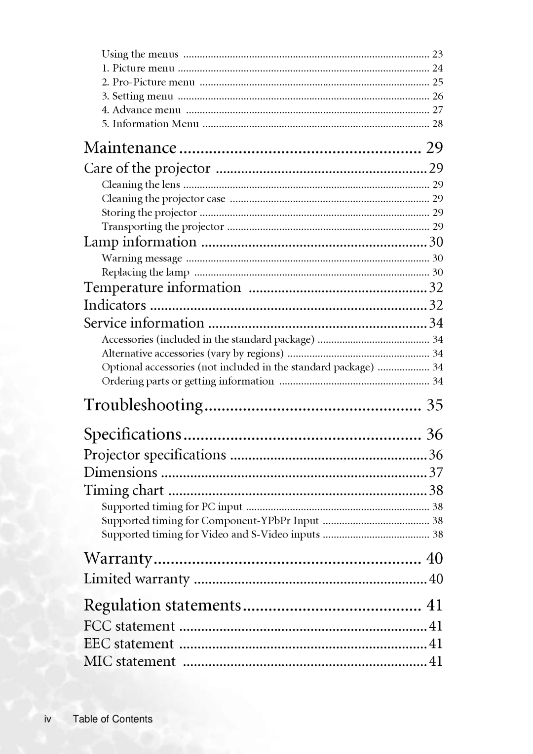 BenQ PB2250 user manual Temperature information, Supported timing for Component-YPbPr Input, Iv Table of Contents 