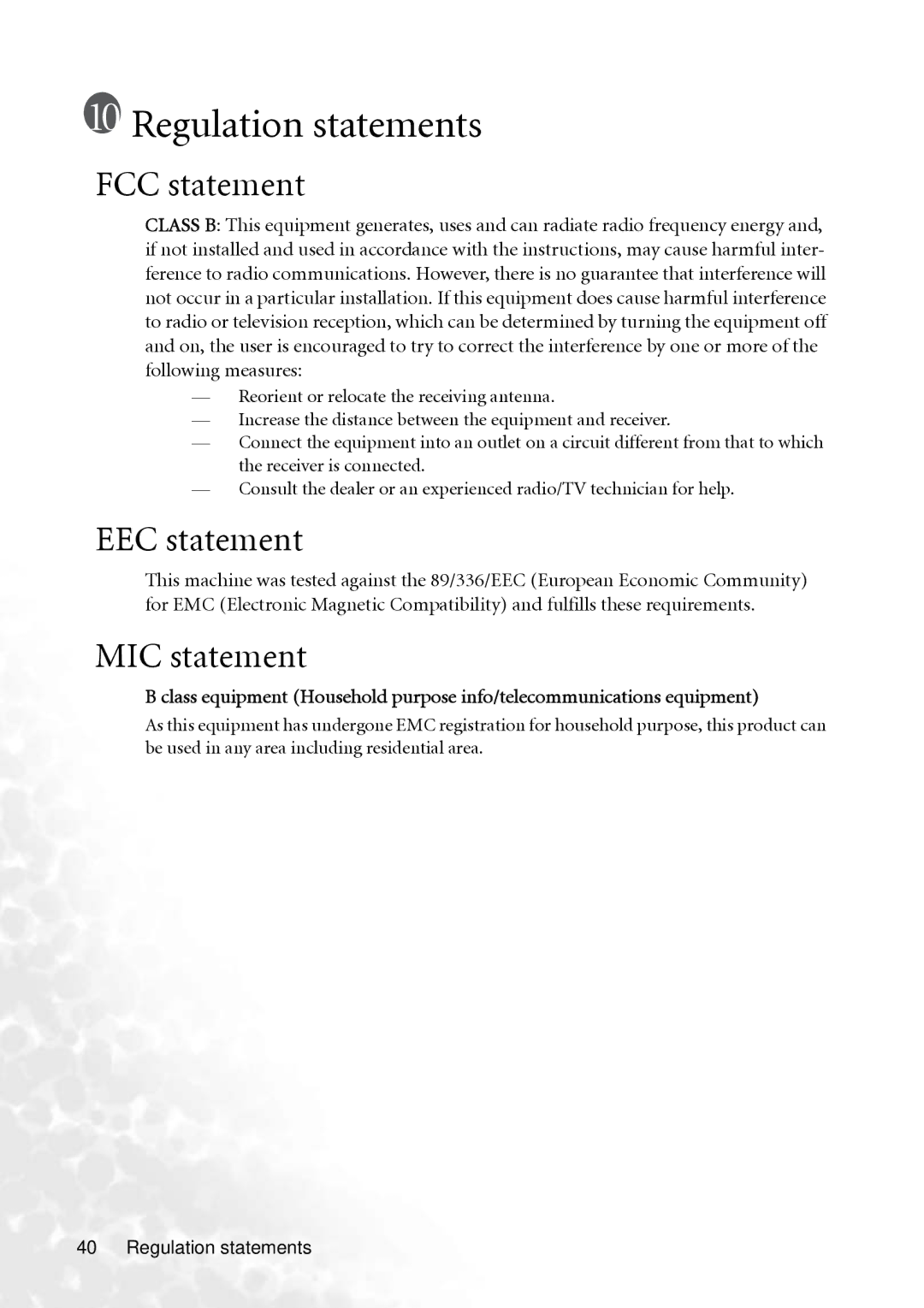 BenQ PB2250 user manual Regulation statements, FCC statement, EEC statement, MIC statement 