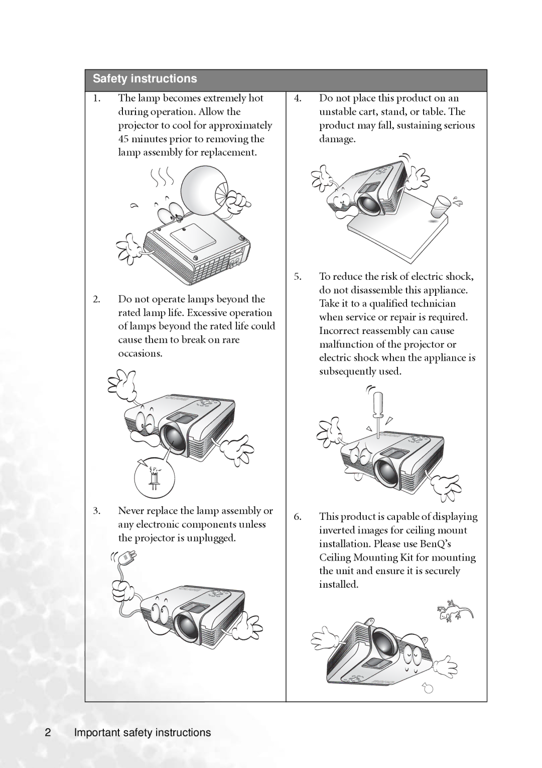 BenQ PB2250 user manual Safety instructions 