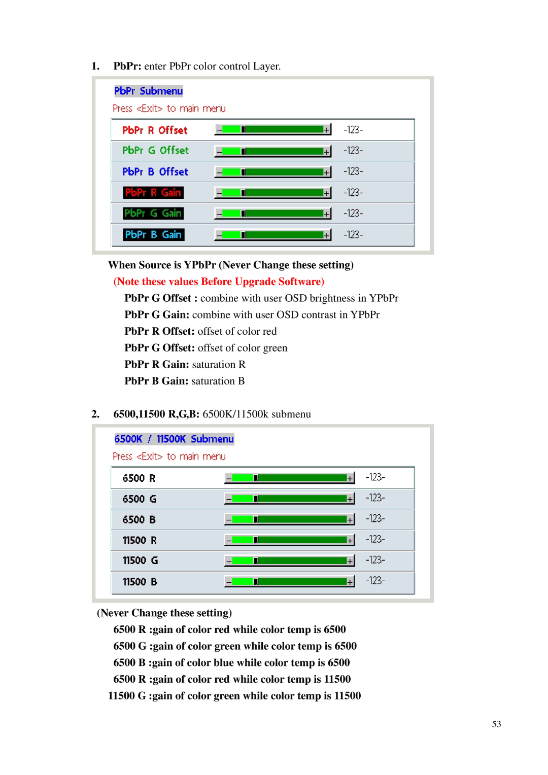 BenQ PB6200, PB6100 manual PbPr R Gain saturation R PbPr B Gain saturation B 