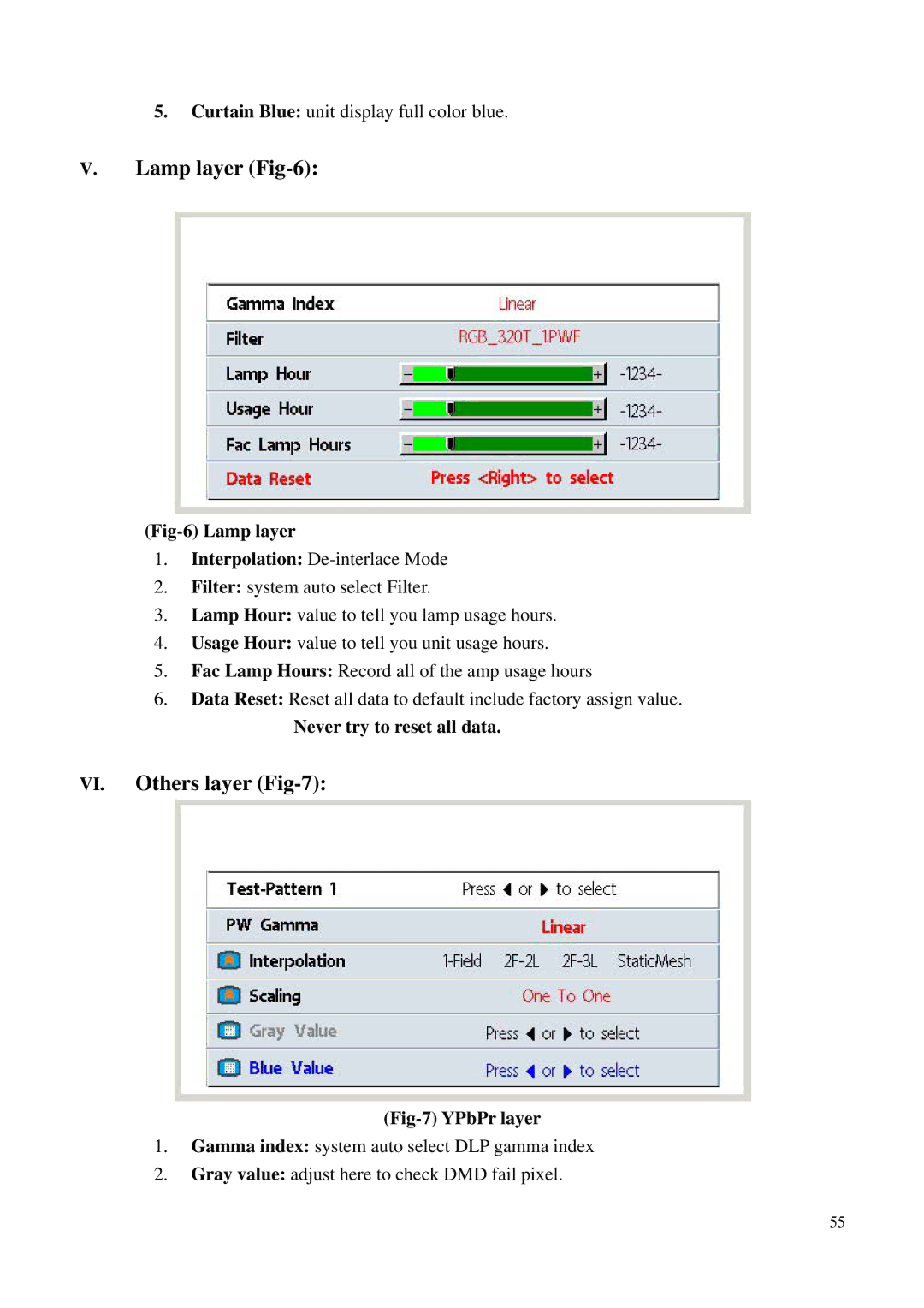 BenQ PB6200, PB6100 manual Fig-6 Lamp layer, Never try to reset all data, Fig-7 YPbPr layer 