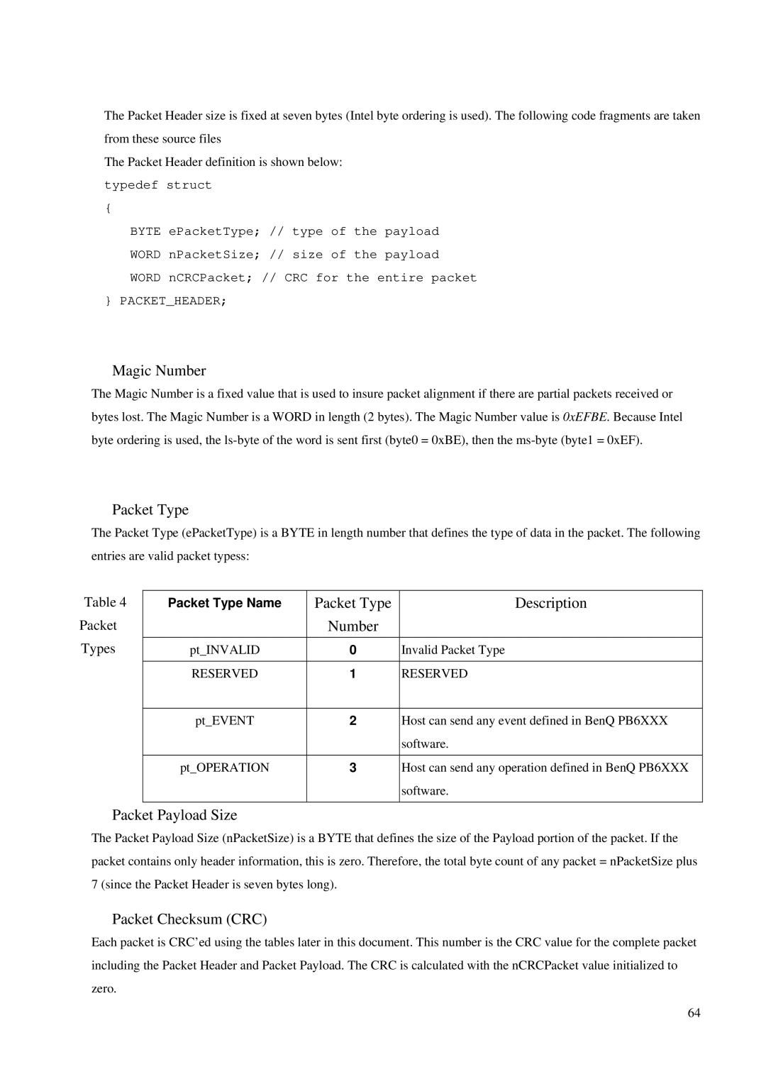 BenQ PB6100, PB6200 manual Packet Type Description 