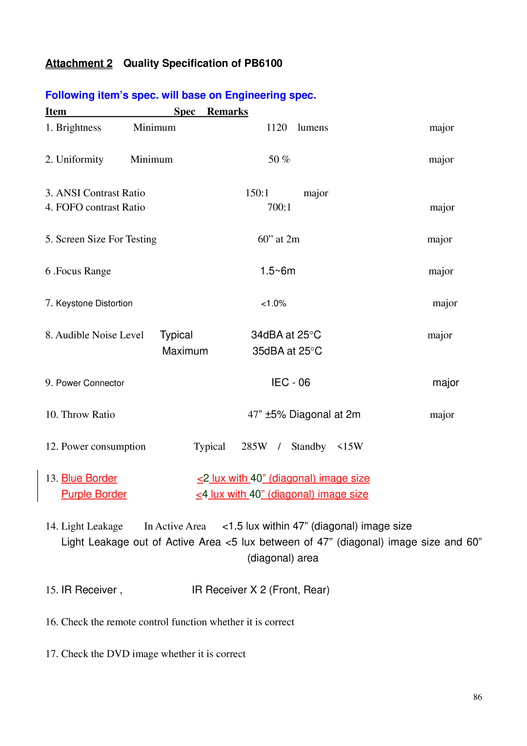 BenQ PB6100, PB6200 manual Following item’s spec. will base on Engineering spec, Spec Remarks 