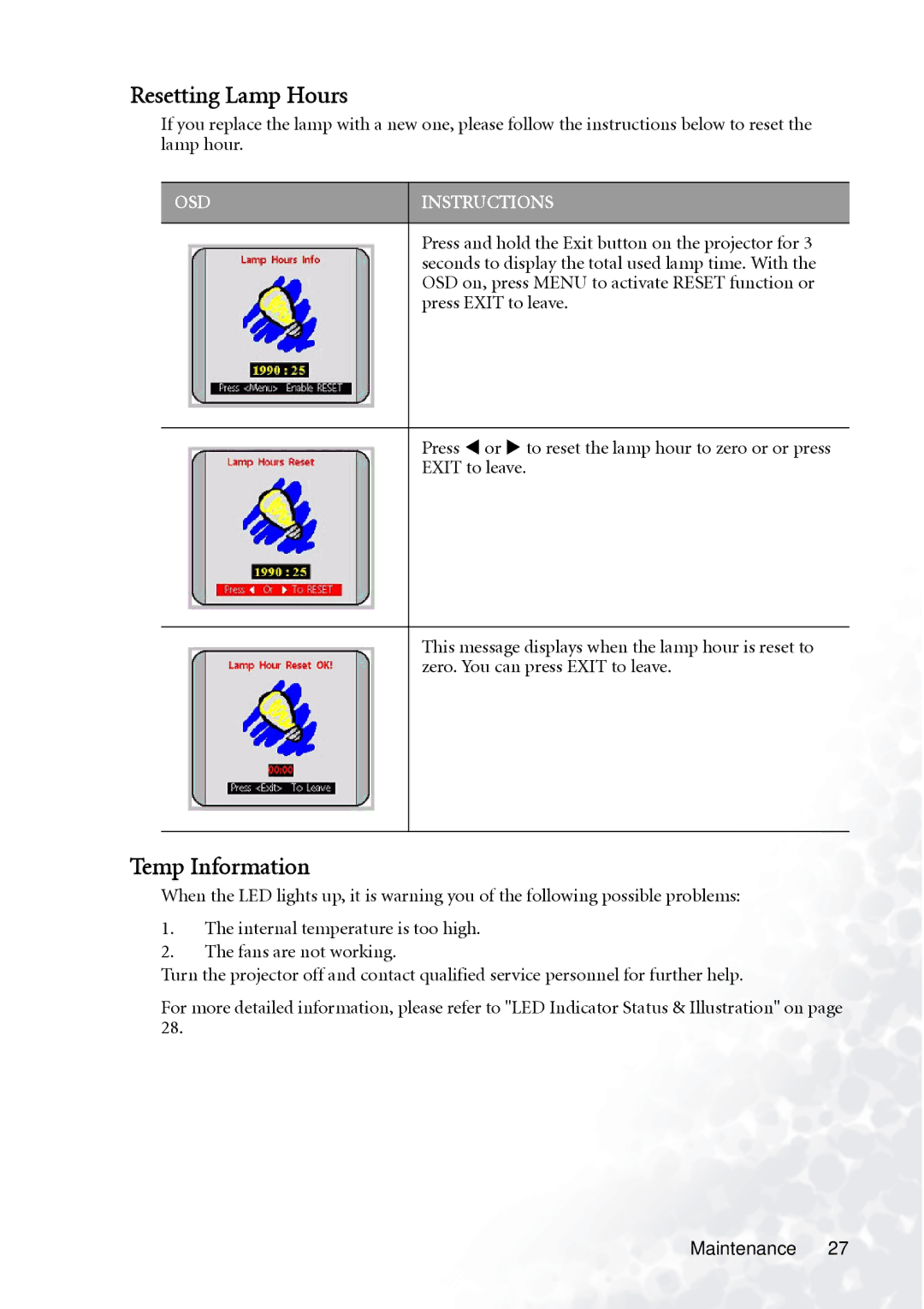 BenQ PB6100 user manual Resetting Lamp Hours, Temp Information 