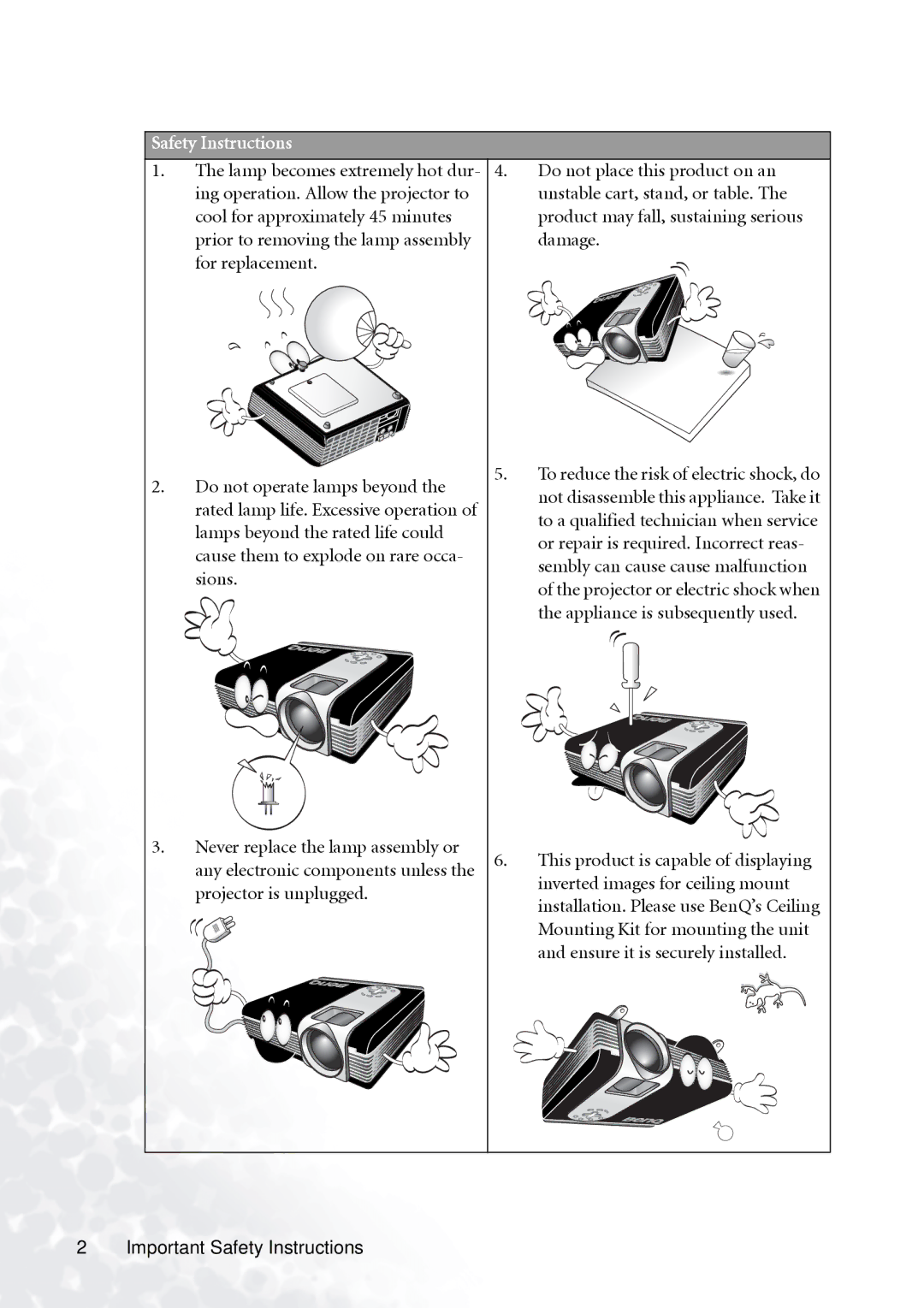 BenQ PB6100 user manual Safety Instructions 