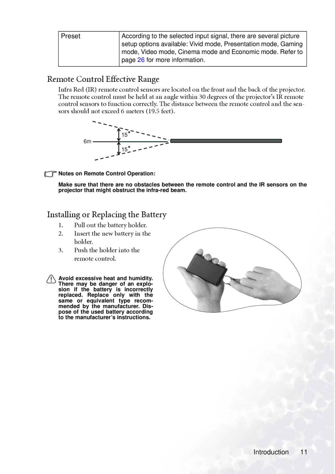 BenQ PB6110 manual Remote Control Effective Range, Installing or Replacing the Battery 