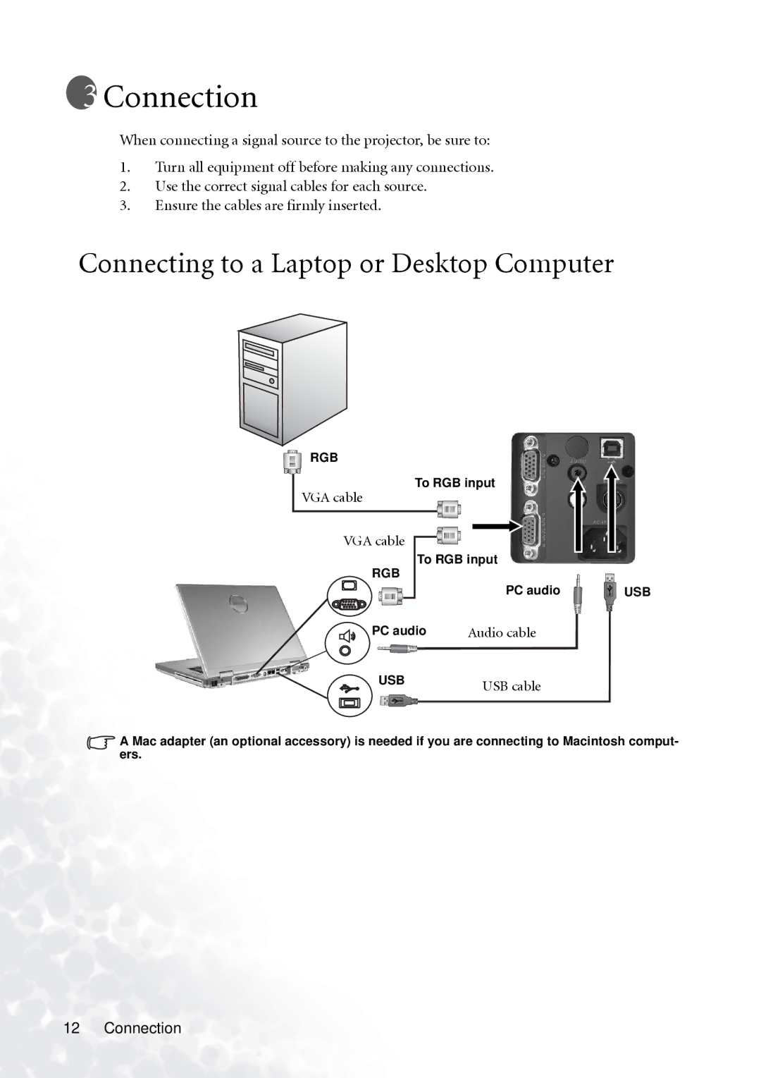 BenQ PB6110 manual Connection, Connecting to a Laptop or Desktop Computer 