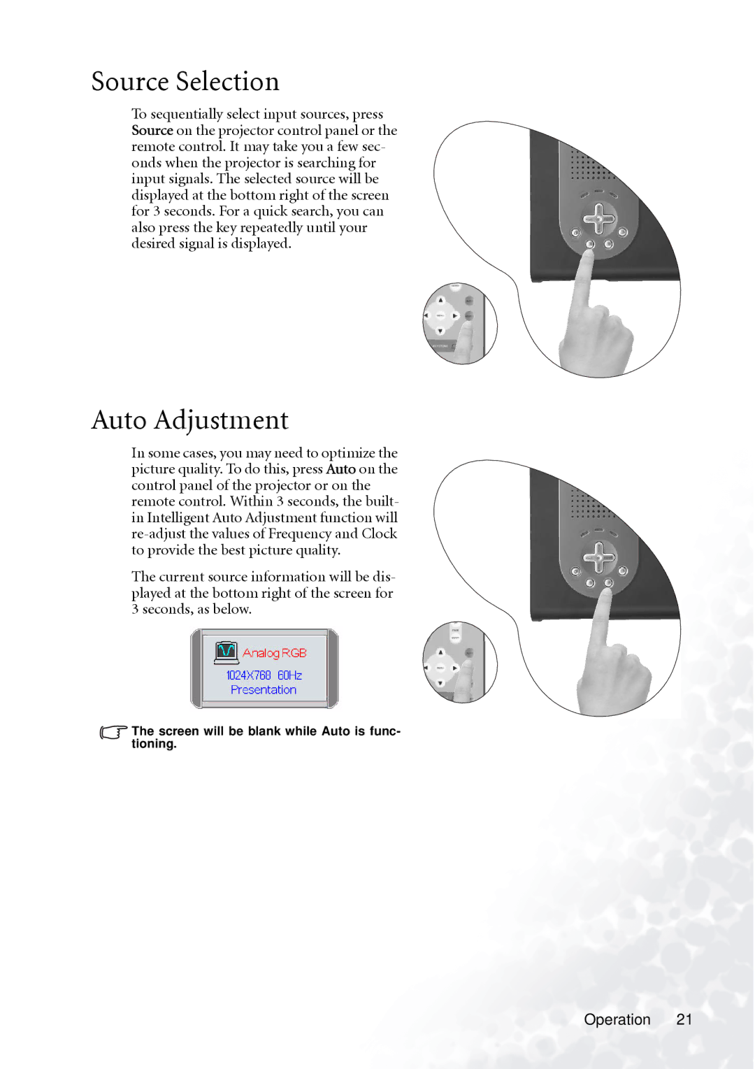 BenQ PB6110 manual Source Selection, Auto Adjustment 