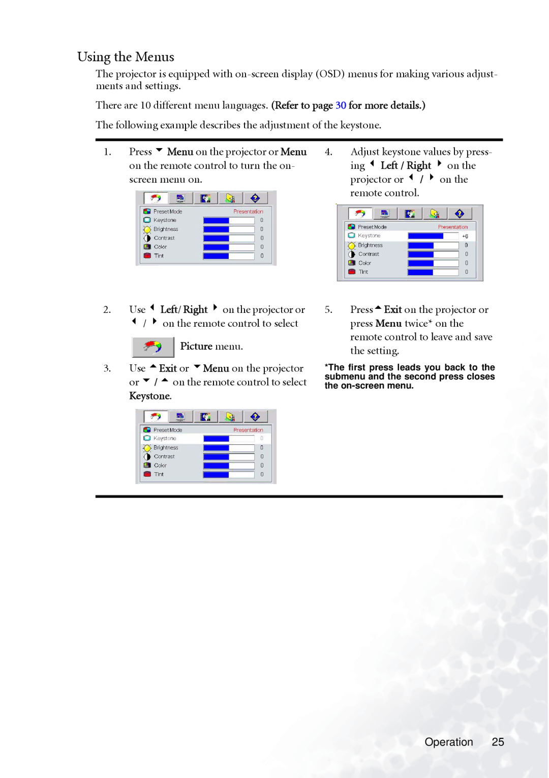 BenQ PB6110 manual Using the Menus, Picture menu, Or 6/ 5on the remote control to select, Keystone 