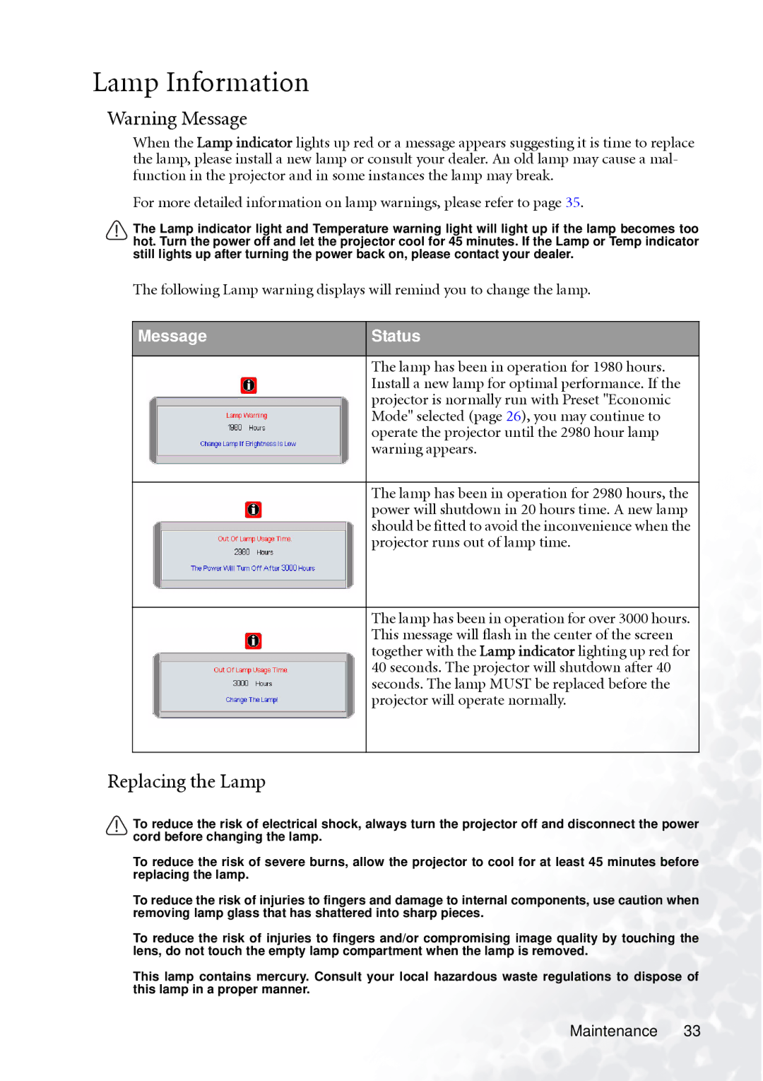 BenQ PB6110 manual Lamp Information, Replacing the Lamp, Message Status 