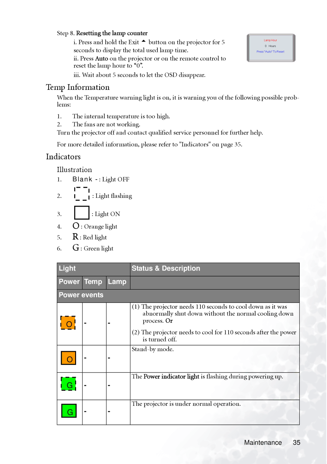 BenQ PB6110 manual Temp Information, Indicators, Light Status & Description Power Temp Lamp Power events 