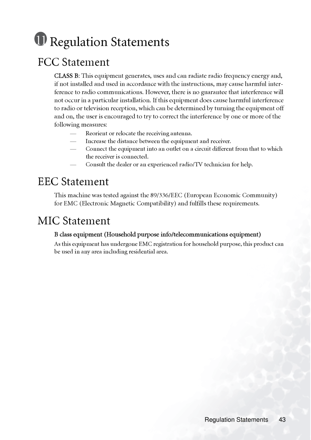 BenQ PB6110 manual Regulation Statements, FCC Statement, EEC Statement, MIC Statement 