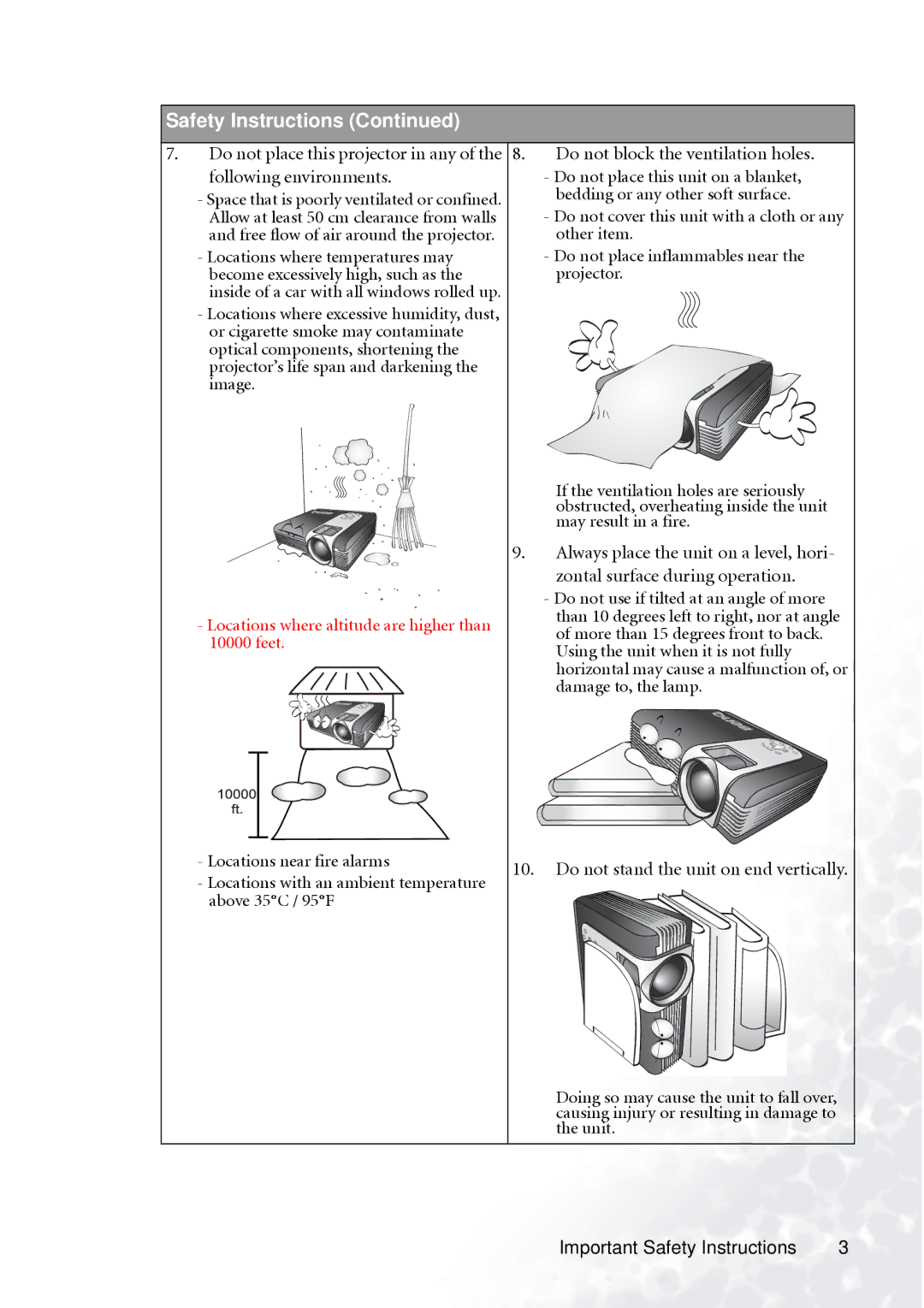 BenQ PB6110 Bedding or any other soft surface, May result in a fire, Zontal surface during operation, Damage to, the lamp 