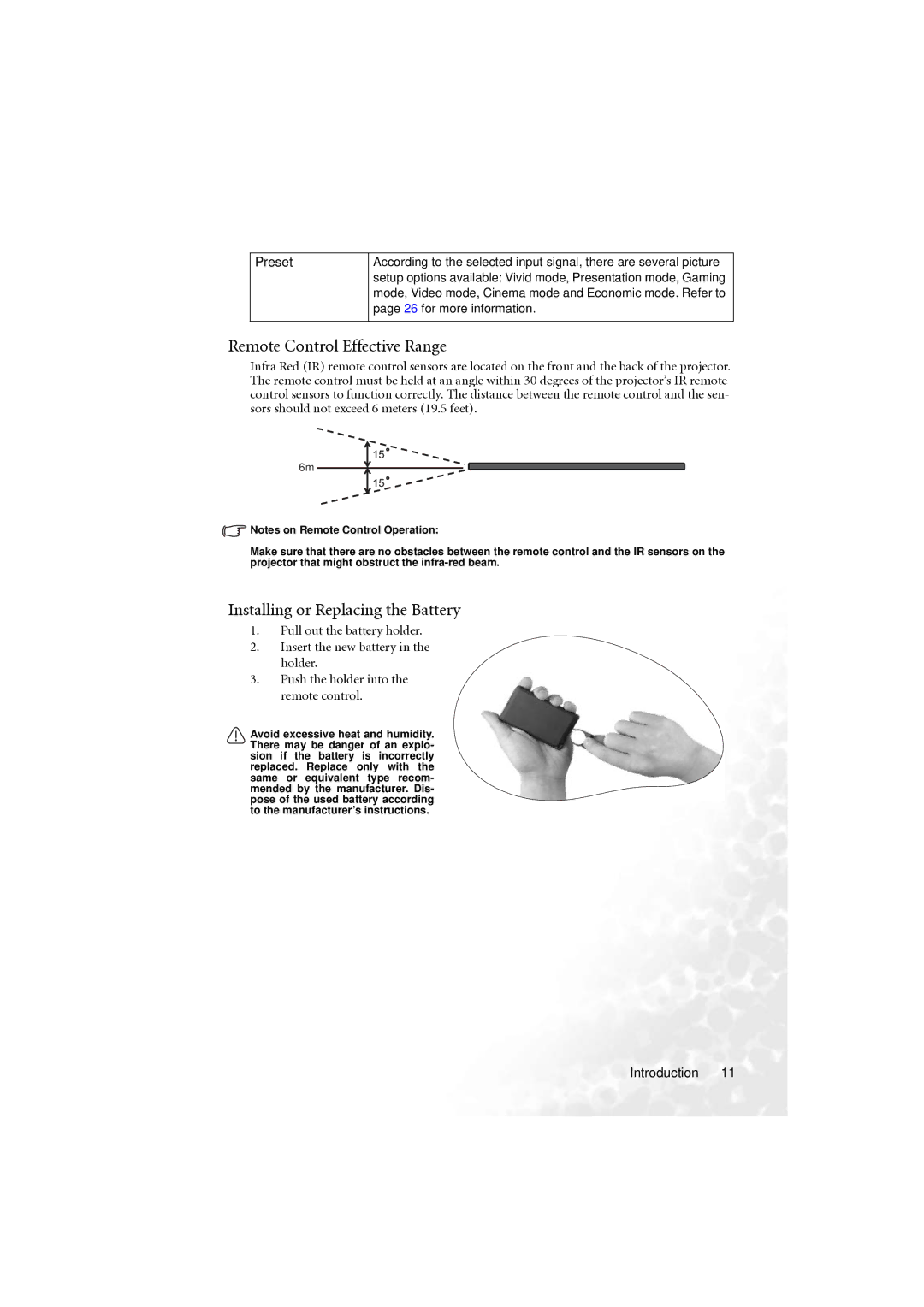 BenQ PB6210 user manual Remote Control Effective Range, Installing or Replacing the Battery 