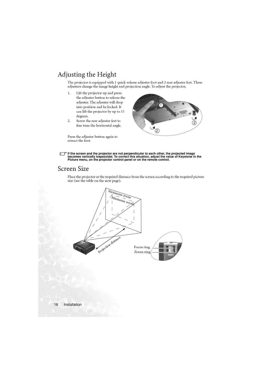 BenQ PB6210 user manual Adjusting the Height, Screen Size 