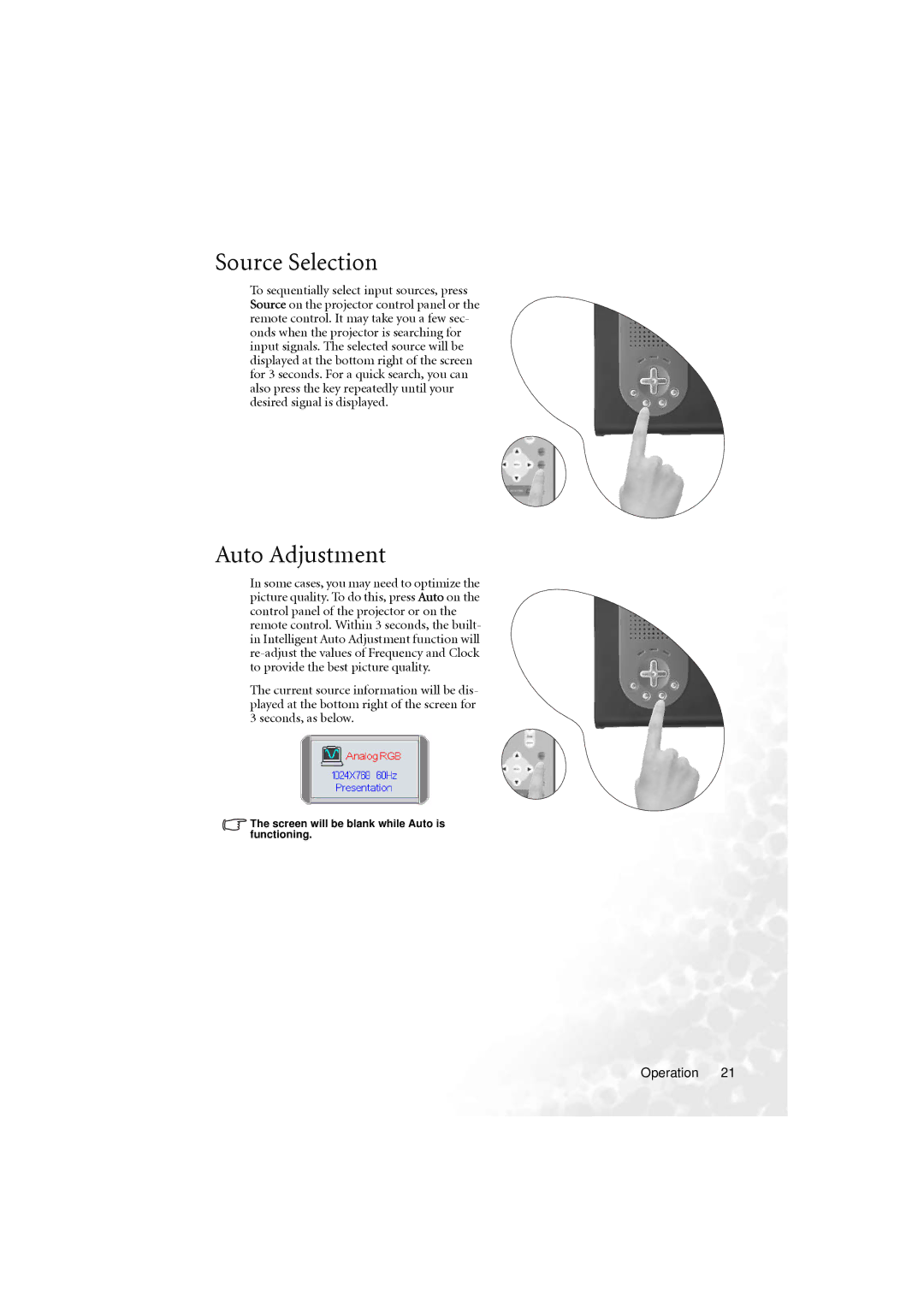 BenQ PB6210 user manual Source Selection, Auto Adjustment 