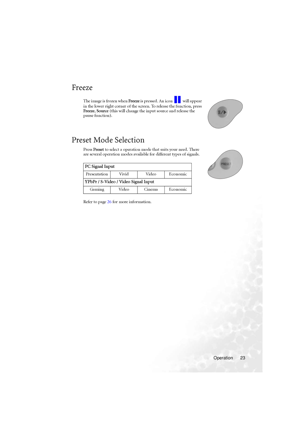 BenQ PB6210 user manual Freeze, Preset Mode Selection 