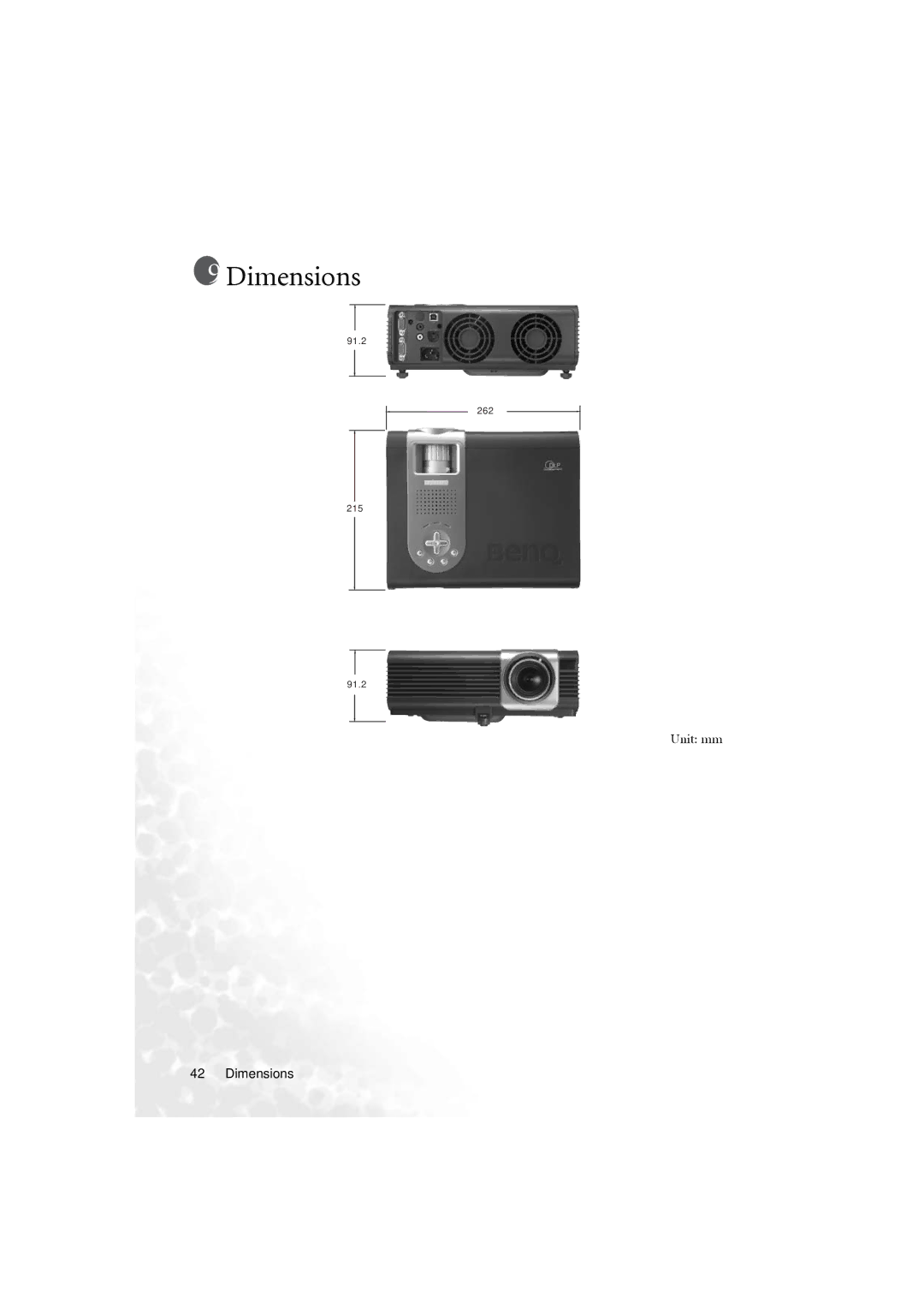 BenQ PB6210 user manual Dimensions 