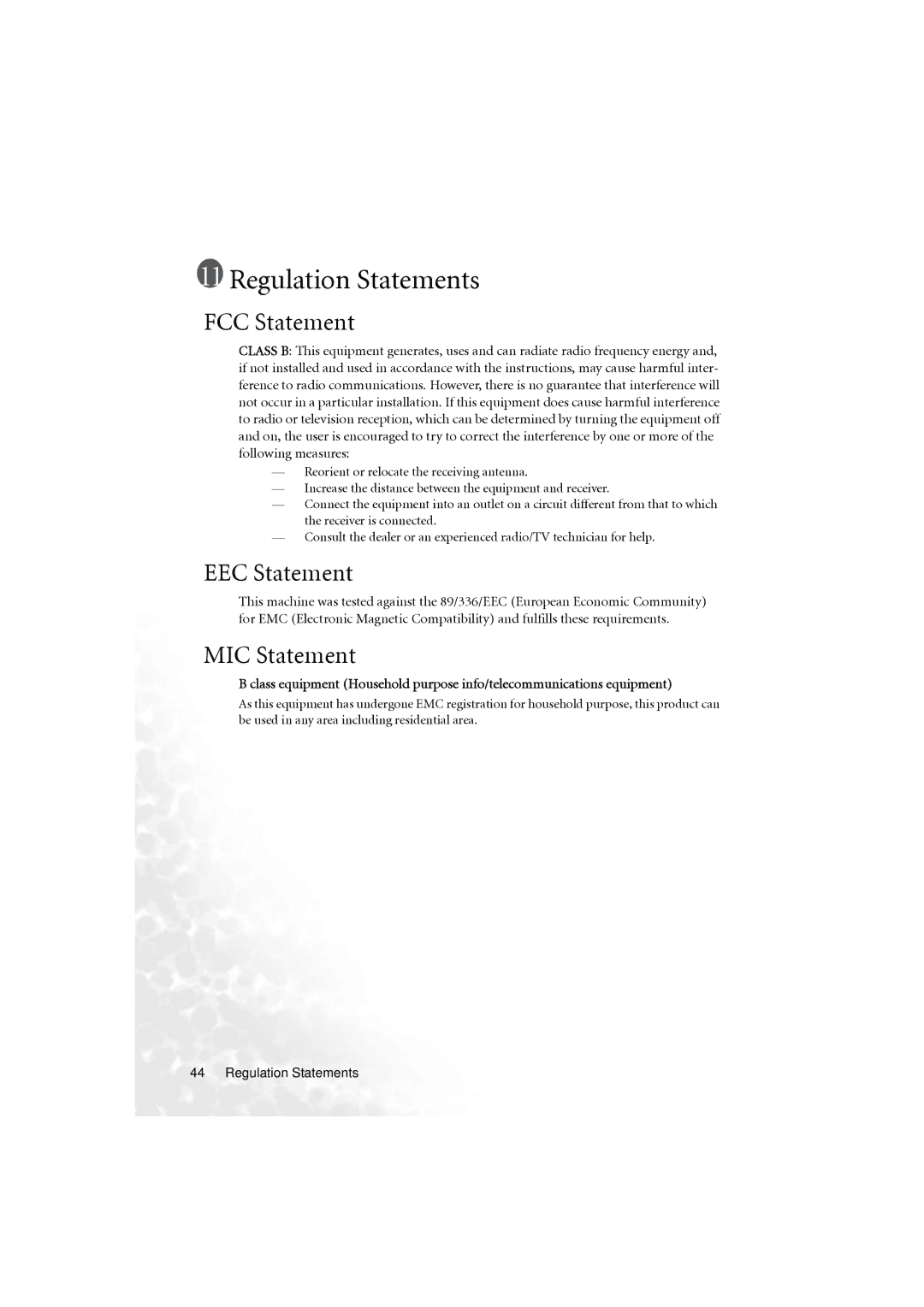 BenQ PB6210 user manual Regulation Statements, FCC Statement, EEC Statement, MIC Statement 