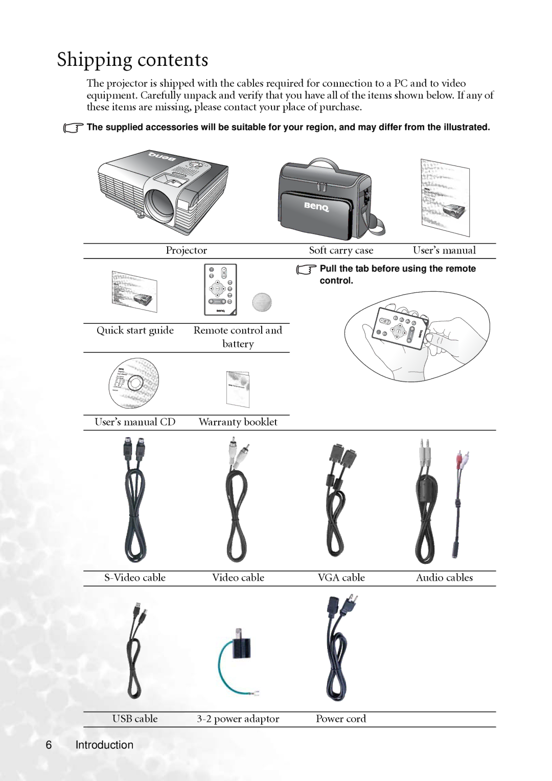 BenQ PB6240 user manual Shipping contents 