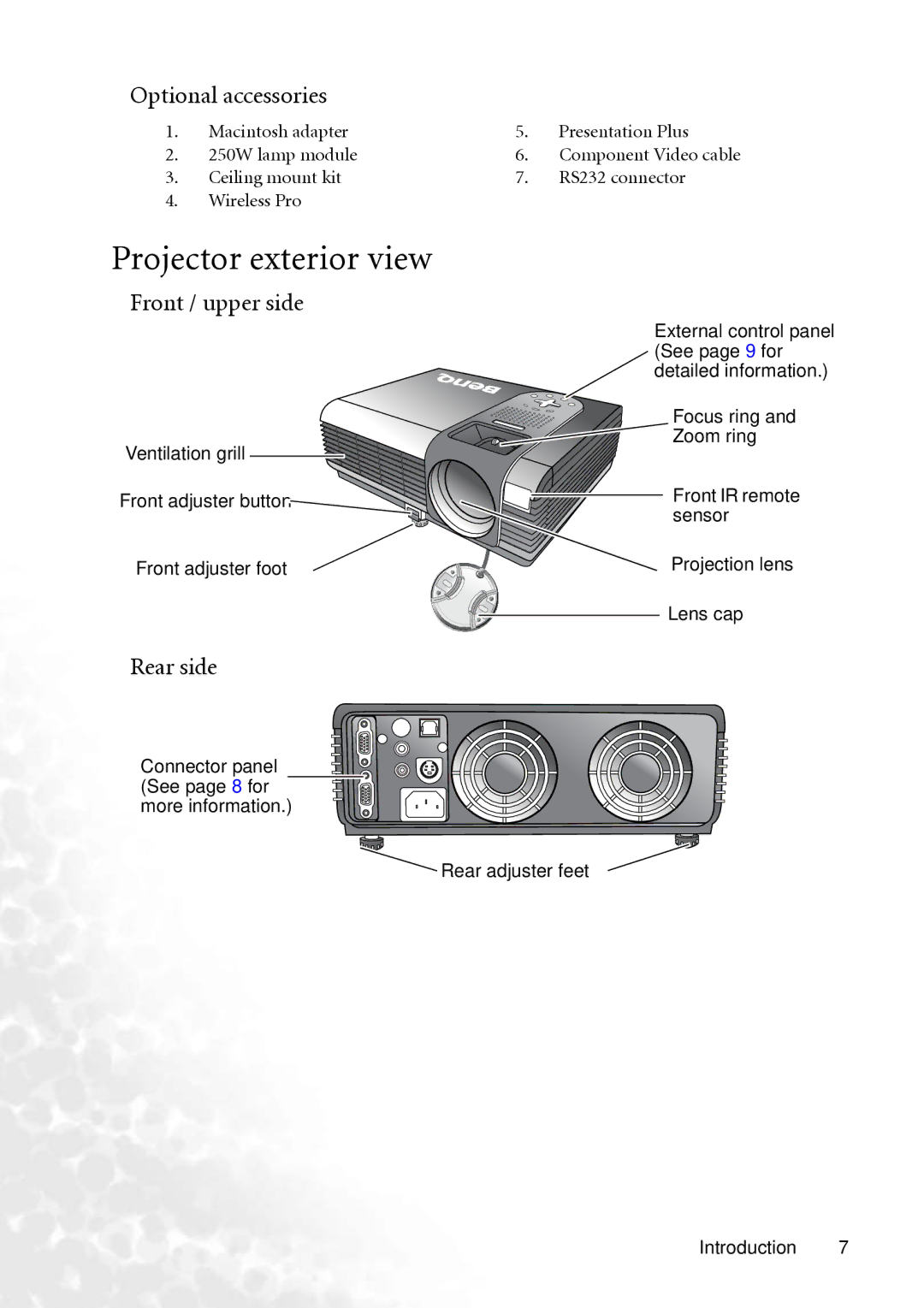 BenQ PB6240 user manual Projector exterior view, Optional accessories, Front / upper side, Rear side 