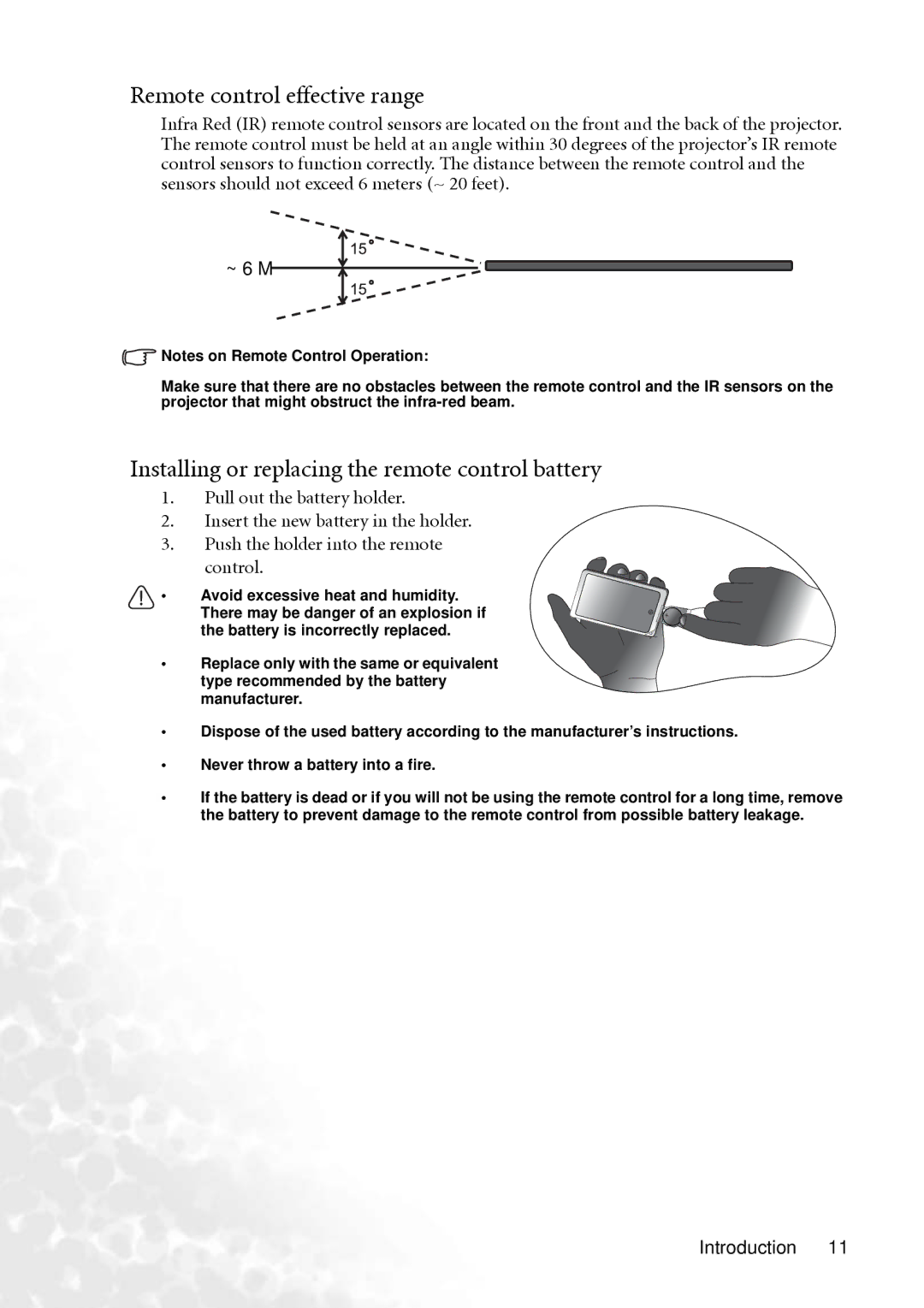 BenQ PB6240 user manual Remote control effective range, Installing or replacing the remote control battery 