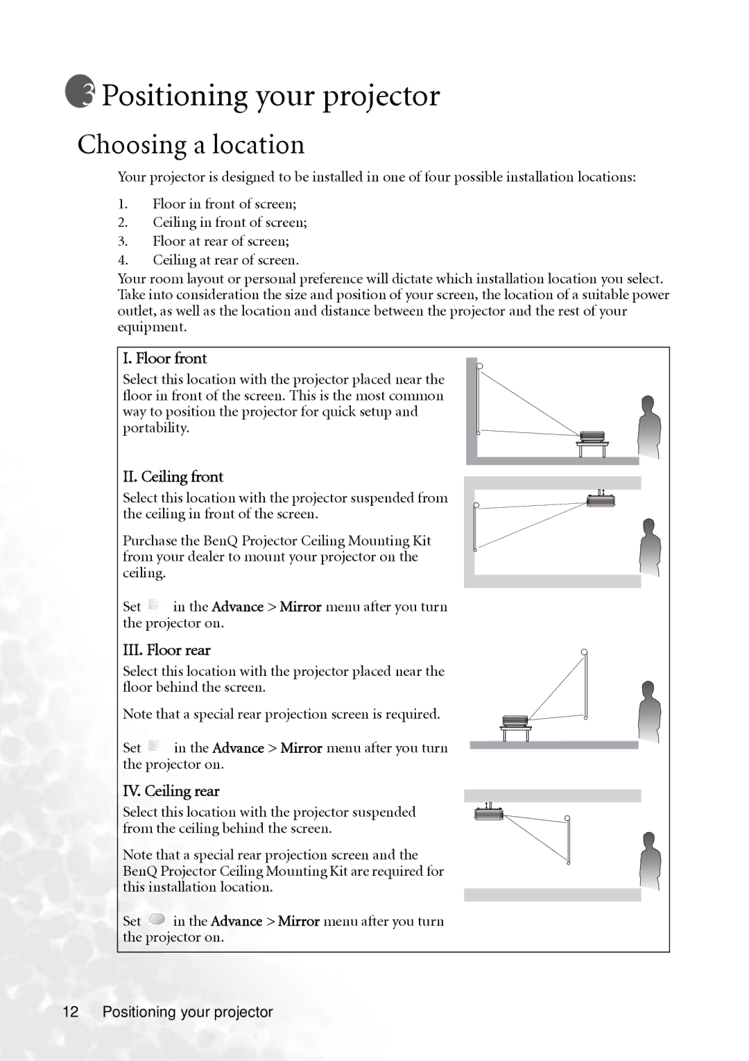 BenQ PB6240 user manual Positioning your projector, Choosing a location 