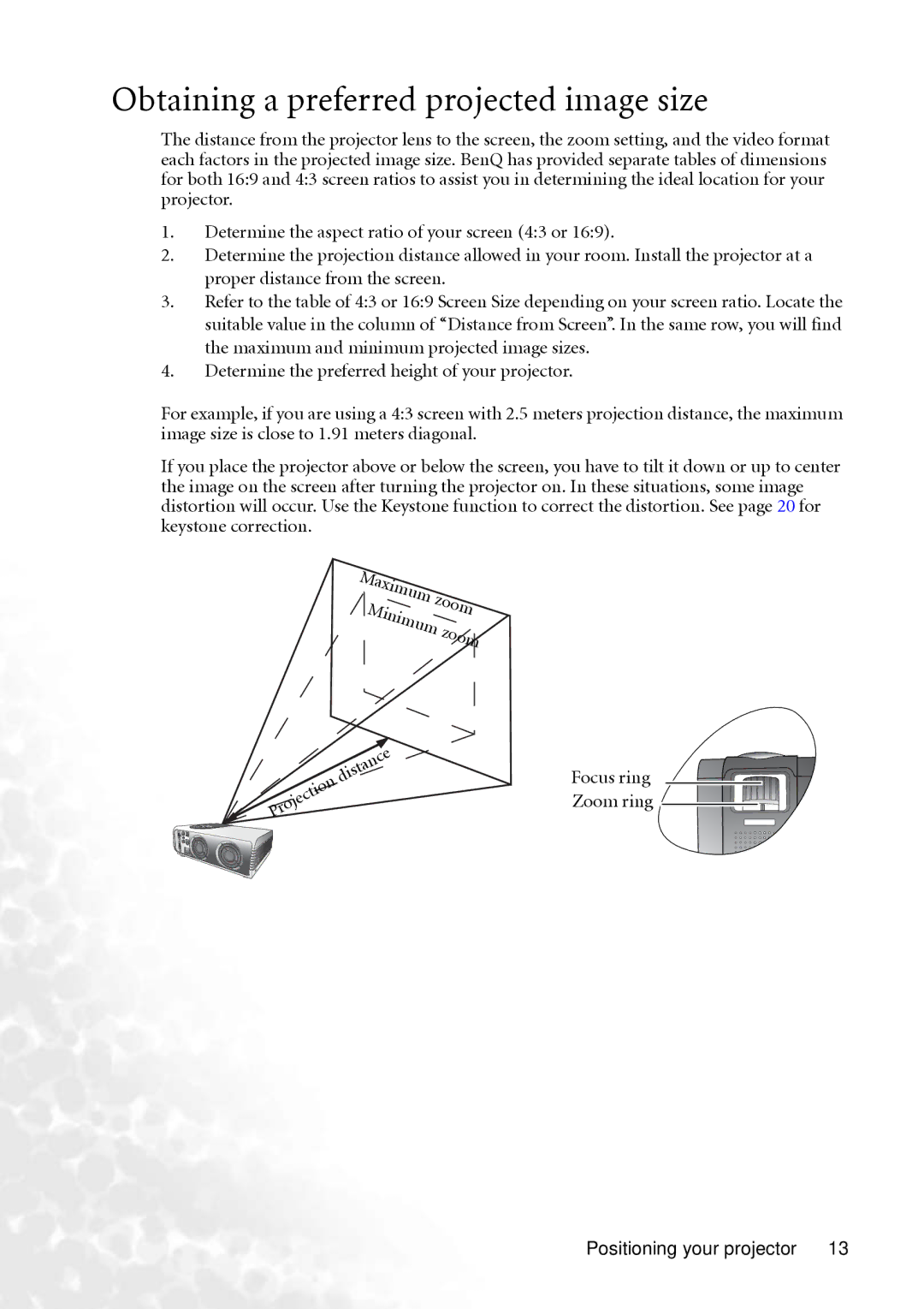 BenQ PB6240 user manual Obtaining a preferred projected image size, Focus ring Zoom ring Positioning your projector 