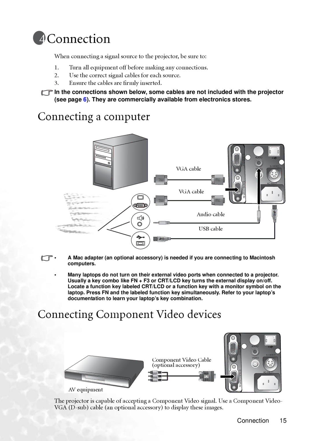 BenQ PB6240 Connection, Connecting a computer, Connecting Component Video devices, VGA cable Audio cable USB cable 