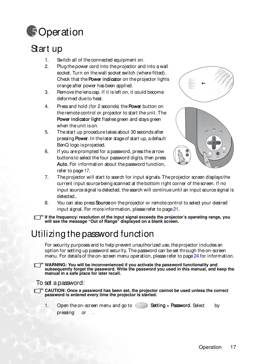 BenQ PB6240 user manual Operation, Start up, Utilizing the password function, To set a password 