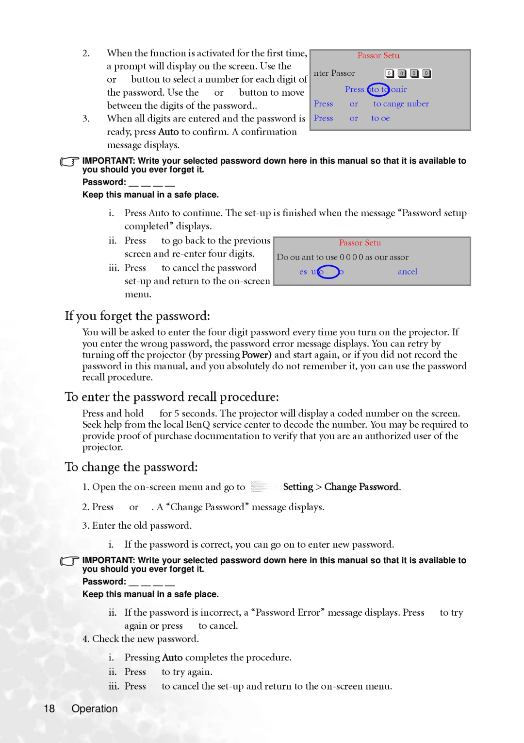 BenQ PB6240 user manual If you forget the password, To enter the password recall procedure, To change the password 