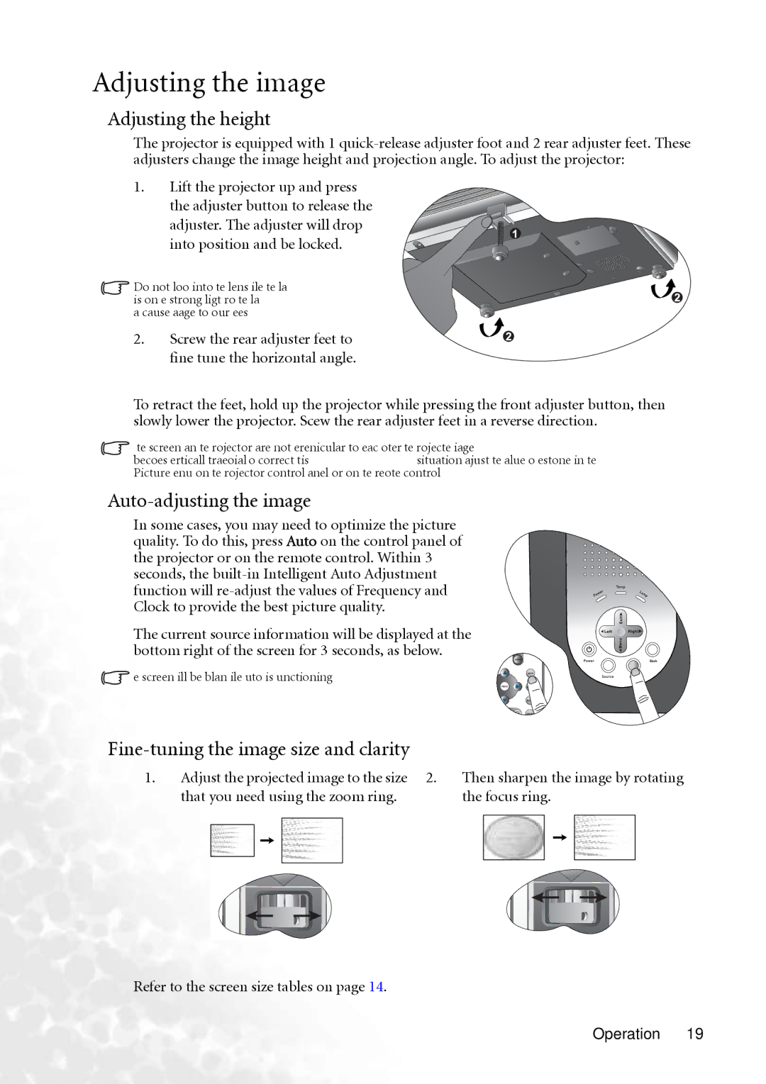 BenQ PB6240 Adjusting the image, Adjusting the height, Auto-adjusting the image, Fine-tuning the image size and clarity 