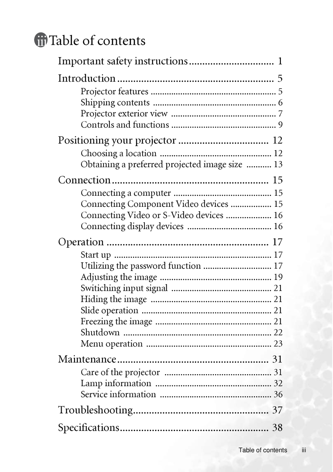 BenQ PB6240 user manual Table of contents 