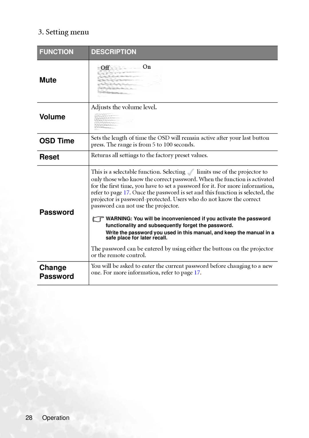 BenQ PB6240 user manual Setting menu 