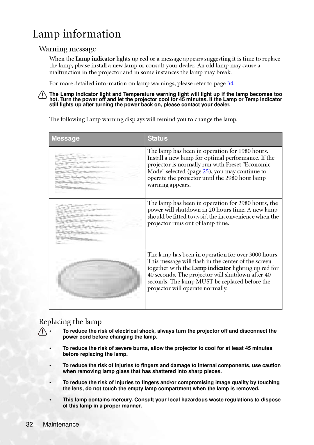 BenQ PB6240 user manual Lamp information, Replacing the lamp 