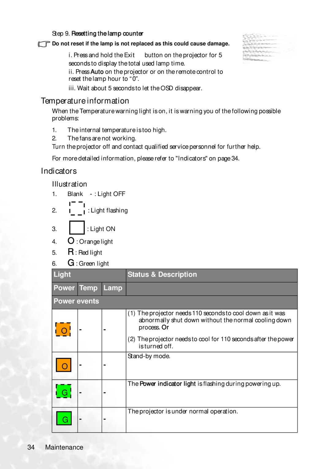 BenQ PB6240 user manual Temperature information, Indicators 