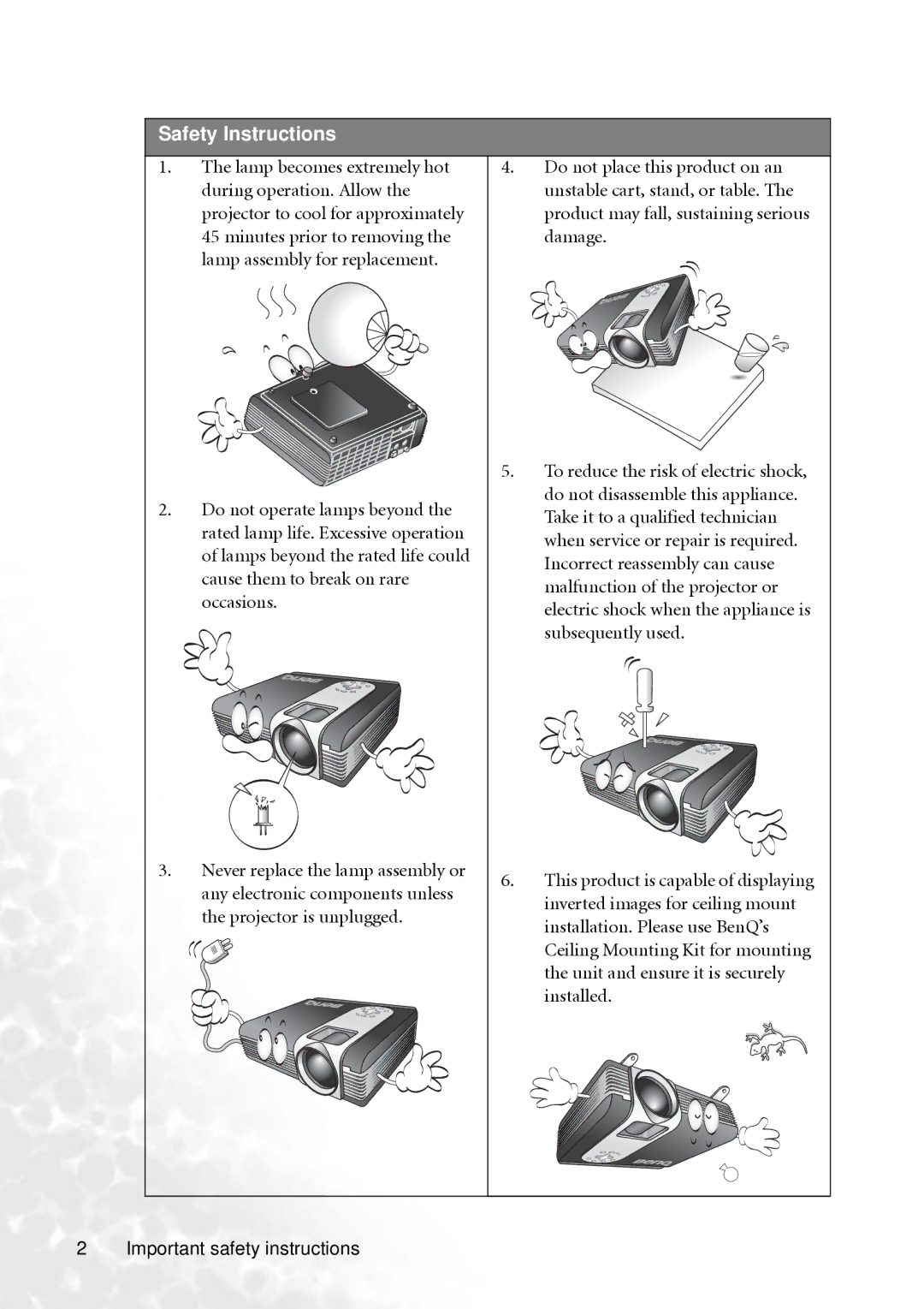 BenQ PB6240 user manual Safety Instructions 