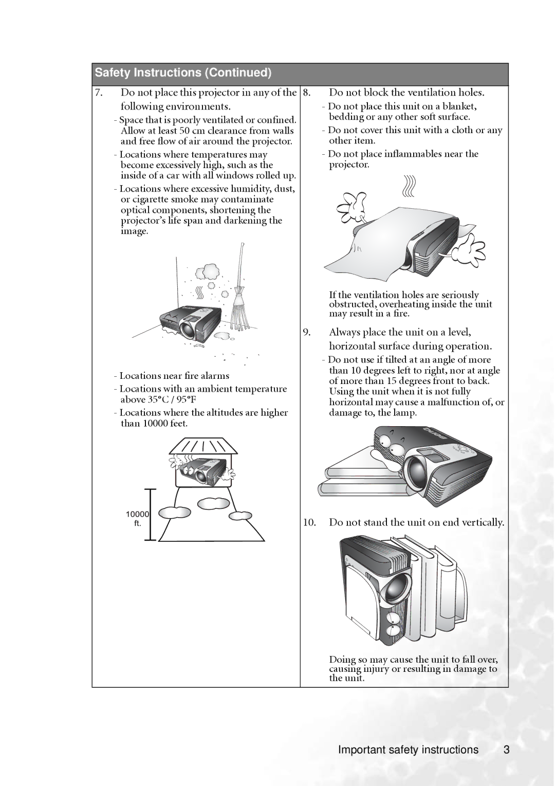 BenQ PB6240 user manual Bedding or any other soft surface, Allow at least 50 cm clearance from walls, May result in a fire 