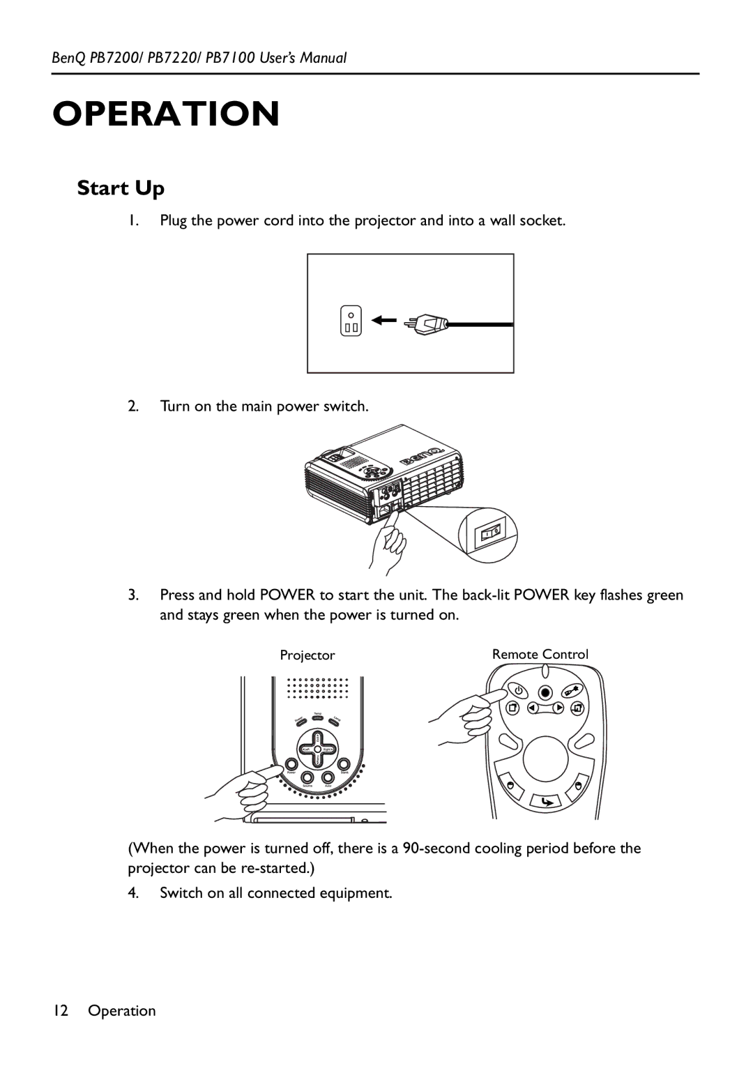 BenQ PB7200 manual Operation, Start Up 