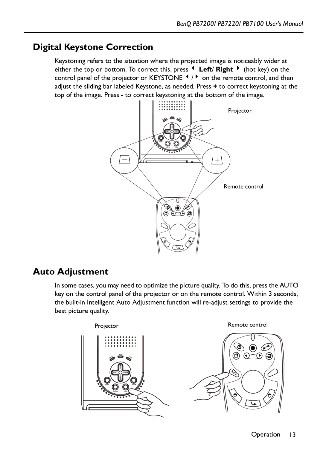 BenQ PB7200 manual Digital Keystone Correction, Auto Adjustment 